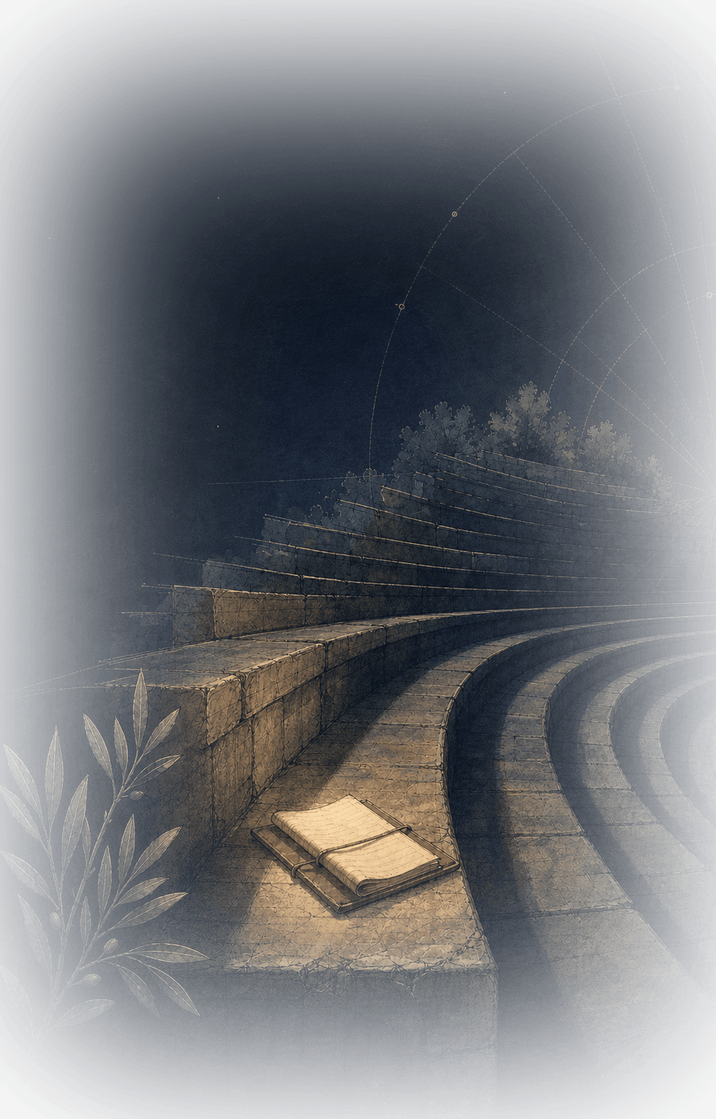 An open notebook on a stone amphitheatre seat at night, glowing softly under starlight