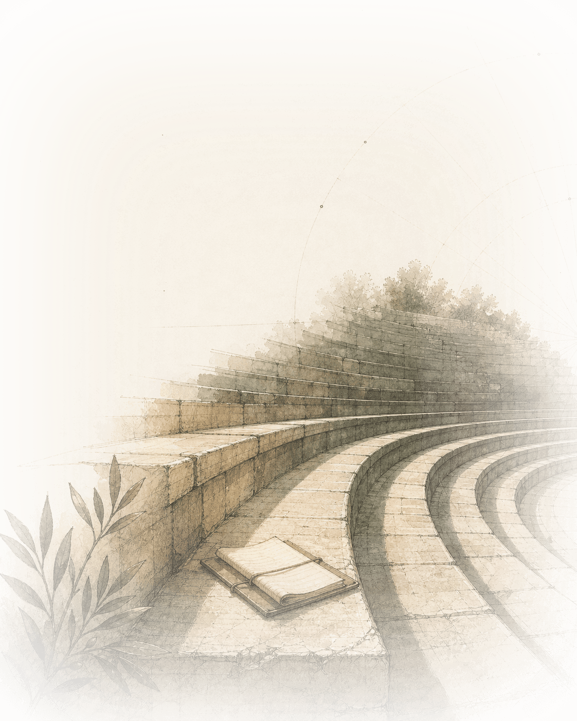 An open notebook resting on a stone amphitheatre seat in soft sunlight